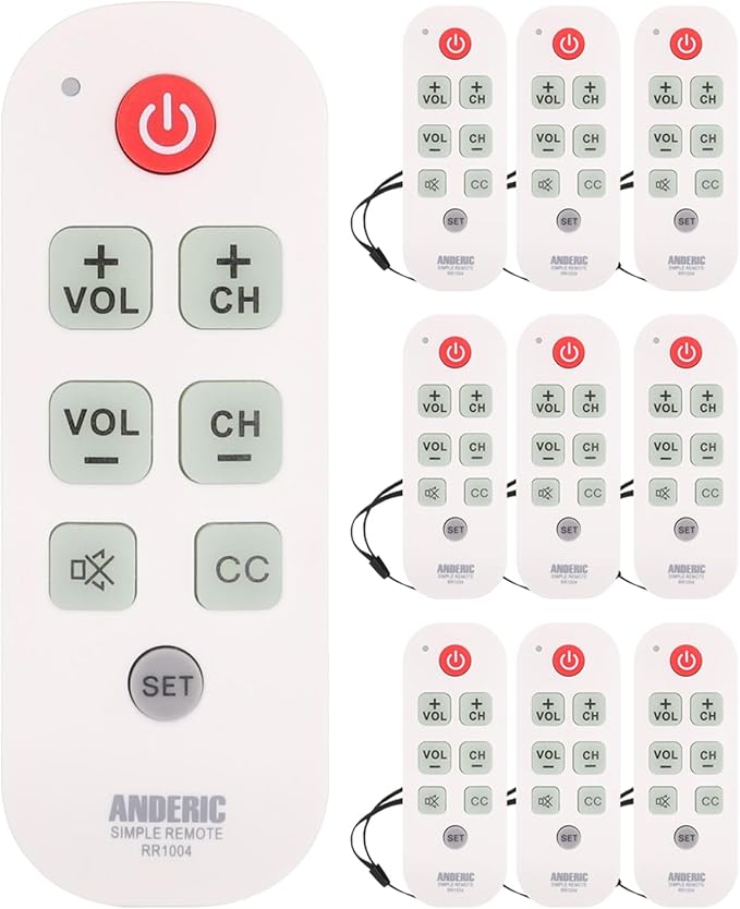 [10 Pack] Anderic Easy Big Button Universal TV Remote Control. Easy to Use, Learning, Glow Keys - Television & Cable Box Controller, Perfect for Assisted Living Elderly Care - White - RR1004