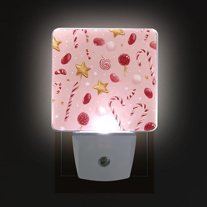 Pigsaly Led Night Light Gold Star Christmas Red White Candy Cane Lollipops Night Light Plug in Wall Lamp Smart Dusk to Dawn Sensor Nightlight Led Lamp Energy Saving Lights Gift for Kids Room Bedroom