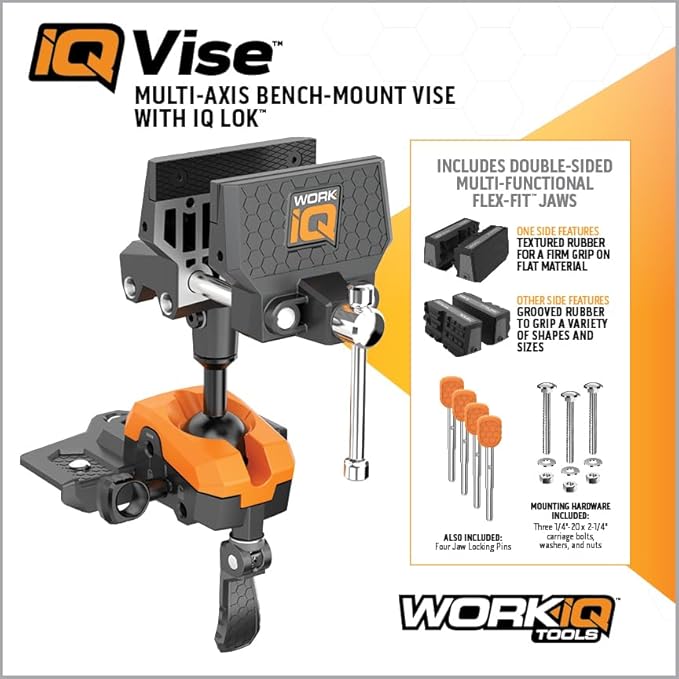 360° Rotating Bench Vise with 5" Jaw Pads - Versatile Woodworking & Pipe Vise for Home Improvement Projects - Compatible with Work Table Workbenches & IQ Connect Accessories