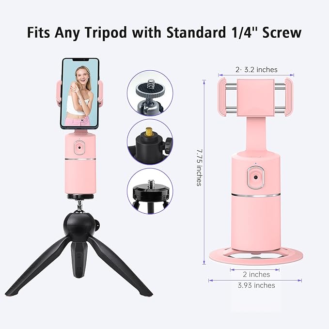 camrola Auto Face Tracking Phone Holder, No App Required, 360° Rotation Face Body Phone Tracking Tripod Smart Shooting Camera Mount for Live Vlog Streaming Video, Rechargeable Battery-Pink