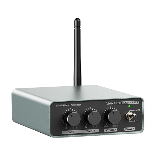 MANAYO 100w+100w Bluetooth Amplifier for Passive Speakers, Home Stereo Receiver with Treble, Bass, and Volume Control, Compatible with Cell Phones, CD Players, Turntable and Home Audio