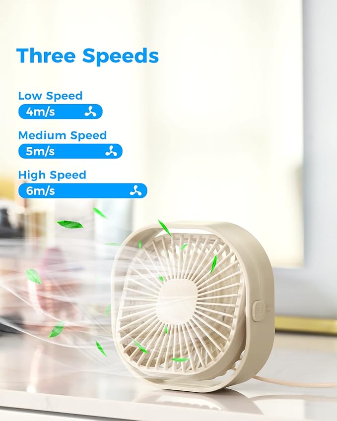 RJVW 4 Inch Small USB Desk Fan, 3-Speed Portable & 360°Rotatable Mini Cooling Fan, USB-Powered Desktop Fan for Home Office Bedroom Dorm Indoor Outdoor Summer Gift