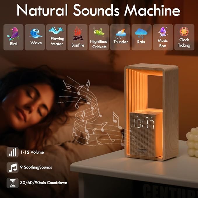 WILIT Digital Alarm Clock, Sunrise Alarm Clock with Nightlight, 9 Sleep Aid Sounds, White Noise Sounds Machine, Dimmable Display,USB Charging Port,Wood Grain Imitation,Gift for Women,Men,Travel
