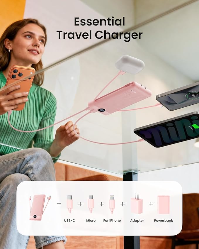 Coowisty Portable Charger Built-in Cables and Wall Plug, 10000mAh Slim USB C Power Bank, LED Display External Battery Pack Compatible with iPhone/Android & More (Pink)