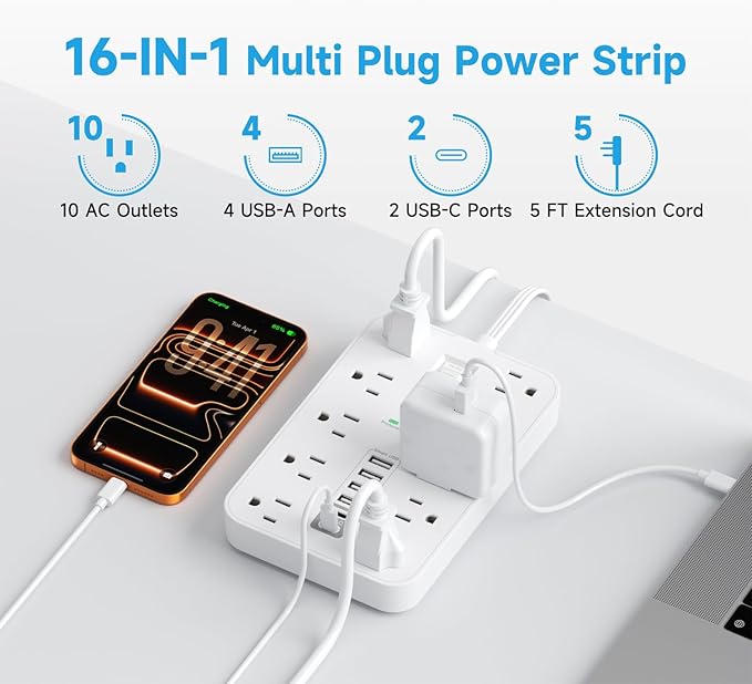 Flat Extension Cord with USB and USBC Ports, 5FT Extension Cord with 10 AC Outlet 6 USB, 1 Switch & 2 LED Indicator, USB Charging Station for Multiple Devices, for Home, Office, Dorm Essentials