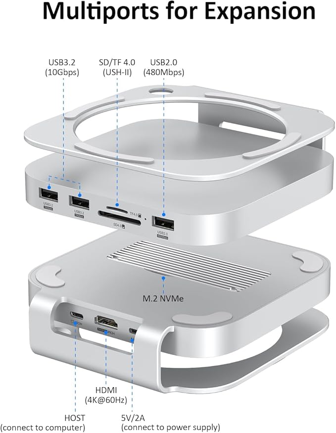 Akyyajaure Mac mini Hub: 10 in 1 Aluminum Stand & Dock for Mac mini M4 Pro with M.2 NVMe SSD Enclosure, 4K60hz HDMI, 10Gbps USB-A*2, SD/TF Card Readers, USB 2.0