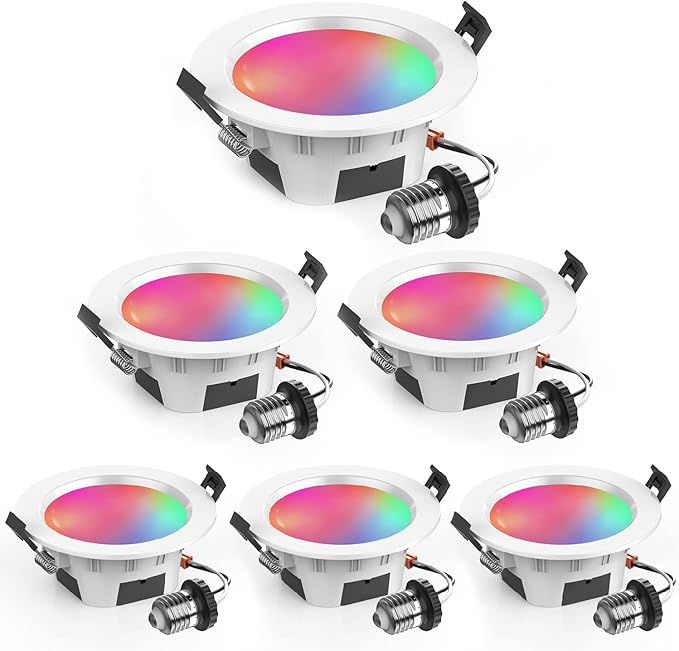 VANANCE 4" Smart Recessed Lighting 6 Pack, Dimmable, Multicolorred, 2700K~6500K, CRI80+, Color Changing Retrofit Bluetooth Mesh LED Ceiling Light, 4 Inch RGB Canless LED Downlight