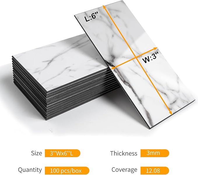 Vamos Tile Peel and Stick Backsplash Tile, 3''x6'' PVC Subway Tile, Stick on Backsplash for Kitchen/Bathroom/Fireplace,4-Piece Glossy Statury White with Dark Gray Grout