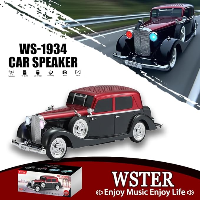 WSTER WS-1934 Retro Classic Car Bluetooth Replica Speaker – Wireless HD Sound with FM Radio,TWS Stereo,LED Party Lights,Built-in Microphone Hands-Free Call, Surprise Portable Gift for Party Use(Red)