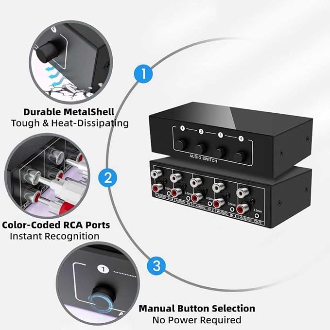 3.5mm Aux + RCA L/R Bi-Directional Stereo Audio Switch 4 in 1 Out A/B Analog Audio Switcher Selector No Power Need