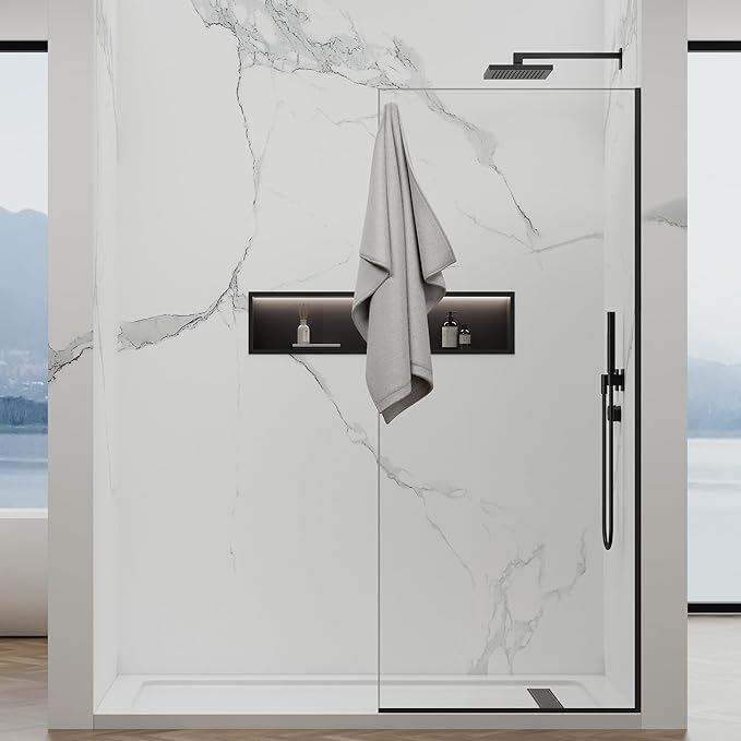 Shower Screen,32" W * 76" H Single Shower Glass Panel, 3/8"(10mm) Tempered Glass, Shower Wall Panels, Fix Shower Glass Screen for Bathroom - Matte Black