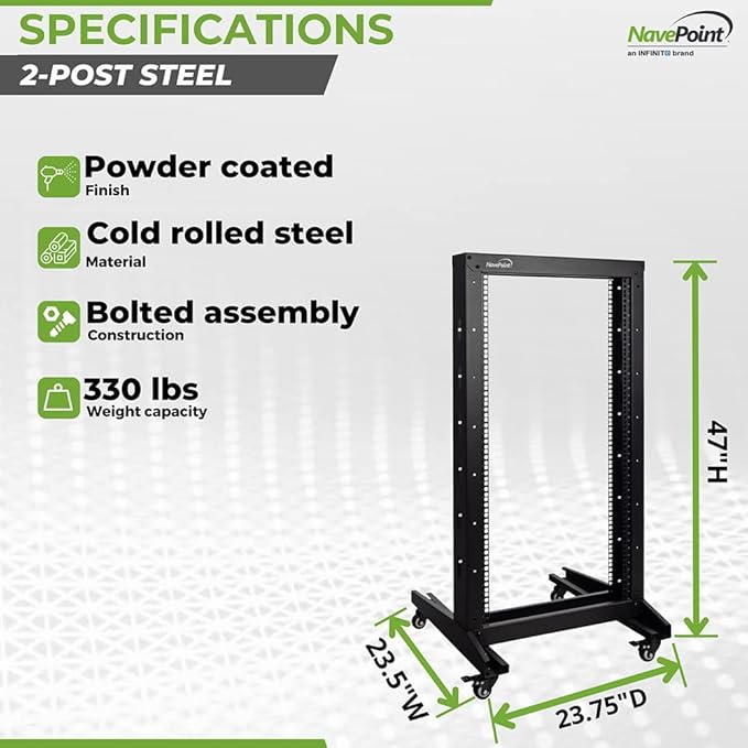 NavePoint 22U 2 Post Open Frame Server Rack with Casters for 19 Inch Equipment, Networking, and IT Devices, 2-Post Rack 330lbs Weight Capacity, Black