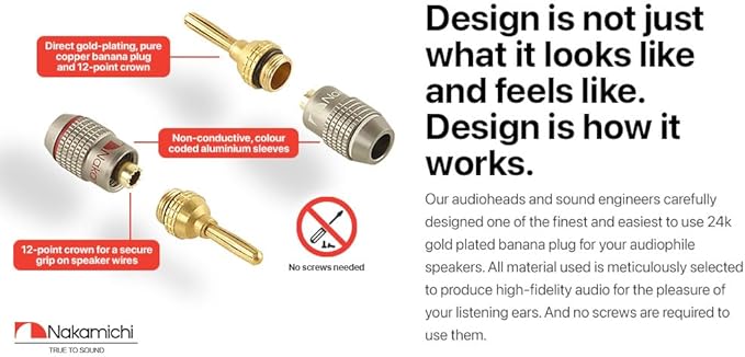 Nakamichi FanLock Excel Series 24k Gold Plated Banana Plugs 10 AWG - 18 AWG Gauge Size 4mm for Speakers Amplifier Hi-Fi Stereo Home Theatre Radio Audio Wire Cable Quick Connector, 36 Pcs (18-Pairs)