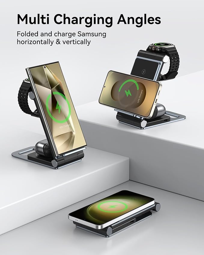 Wireless Charger for Samsung 3 in 1 Wireless Charging Station Foldable Wireless Charger Stand for Samsung S25 Ultra S24 S23 S22 Z Flip Z Fold 7 6 5 4 3 for Galaxy Watch 8/7/6/5/4/ Galaxy Buds