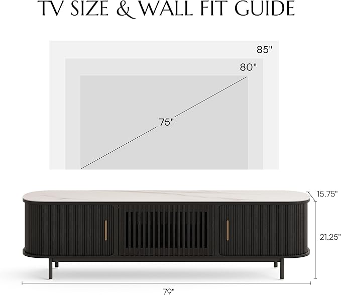 POVISON Fully-Assembled Mid Century Modern Black TV Stand with White Glossy Sintered Stone Tabletop & LED Lights, Rolling Door Media Console, Wood TV Console for Living Room