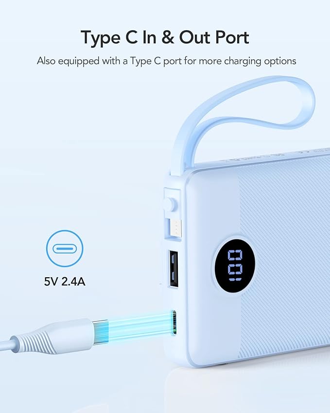 VRURC 10000mAh Power Bank Built-in Cables, Portable Charger with LED Display, Slim Travel Battery Pack with Cords, 5 Output Dual Input Phone Charger for Cell Phone Smart Devcies-Blue(1 Pack)