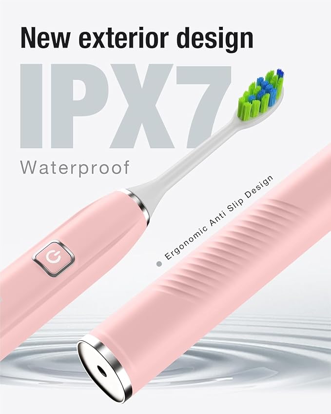 7AM2M Ultrasonic Electric Toothbrush with 6 Brush Heads for Adults&Kids, One Charge for 120 Days, USB-C Charge, 5 Modes, 40000VPM Powered Toothbrush, 2 Minutes Built in Smart Timer (Pink)