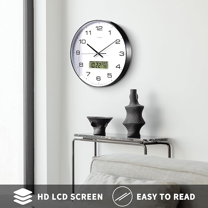 TIMESS Wall Clock, 13" Dial Non-Ticking Silent Battery Operated Analog with LCD Display for Perpetual Calendar and F° Temperature, Ideal Modern Home, Bedroom, Kitchen, Office Decor(Black)