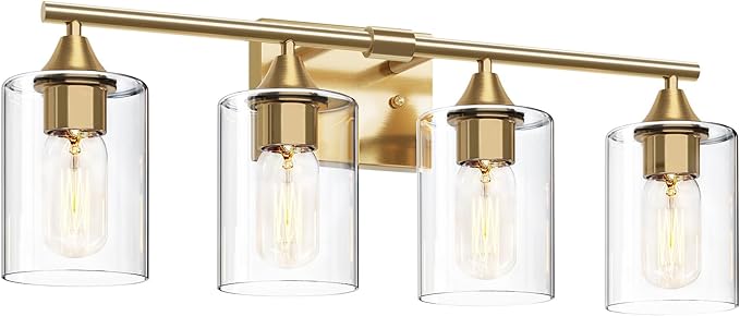 XPEHK Brushed Gold Vanity Light,4 Light Gold Bathroom Light Fixtures,Bathroom Lights Over Mirror with Clear Glass Shade,Modern Wall Lighting for Mirror Bedroom Vanity Hallway