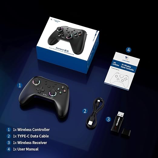 AceGamer Aurora II 2.4G Wireless Bluetooth Controller for PC/Android/Switch/iOS/Switch 2/Steam Deck with Rotary Motors, RGB Hall Effect Joysticks - Upgraded PC Gaming Controller and Back Buttons Lock