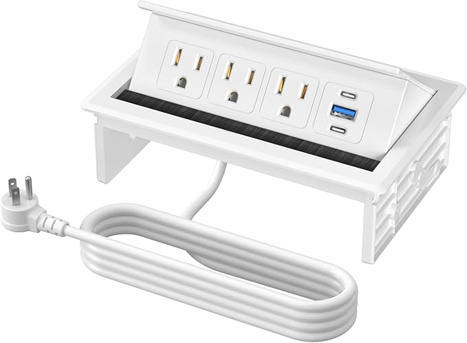 Recessed Conference Table Power Hub with 20W USB-C PD Fast Charging, Flush Mounted for Desks, Kitchens & RVs, 6FT Power Cord (White)