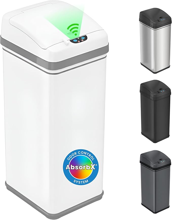 iTouchless 13 Gallon Kitchen Trash Can with Odor Filter, Automatic Motion Sensor Bin, Soft-Close Stainless Steel, Slim Wastebasket for Narrow Spaces, White