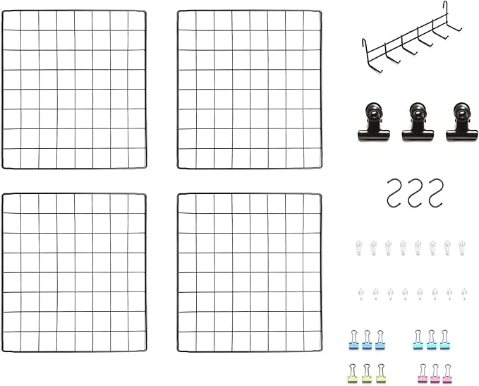 Feadily 4 Pack Metal Grid Wall Board Including 1 Hook Rack, Photos & Pictures Display Board,Photo Wall, Picture Board, DIY Home & Office Wall Decor 13.8 Inch × 13.8 Inch (Black)