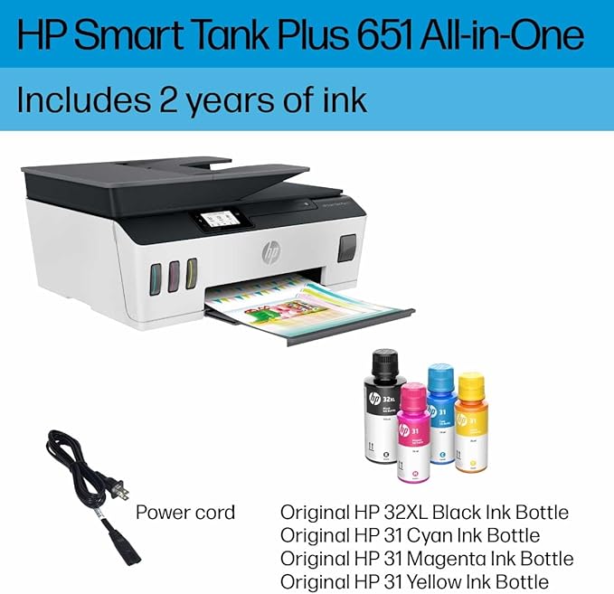 HP Smart Tank Plus 651 Wireless All-in-One Printer, Ink Tank Printer-for-Home Use, up to 2 Years of Ink in Bottles, Auto Document Feeder, Mobile Print, Scan, Copy, Fax (7XV38A)