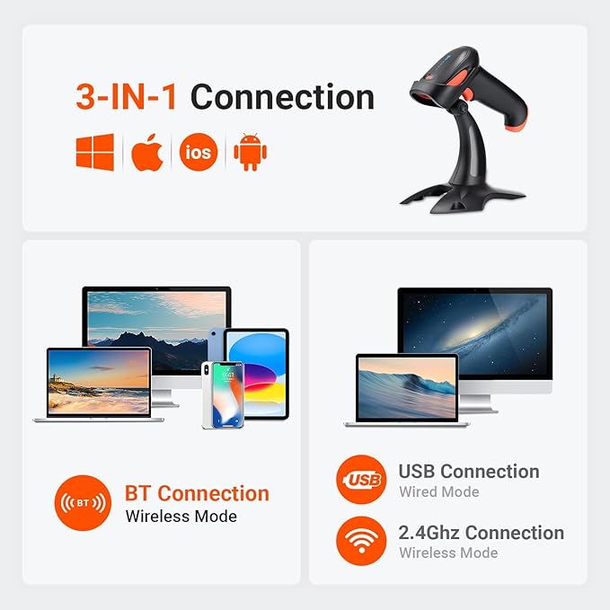 Tera Barcode Scanner Wireless 1D 2D QR with Stand: Battery Level Indicator 3 in 1 Works with Bluetooth 2.4G Wireless USB Wired Handheld Bar Code Reader with Vibration Alert HW0002 Orange