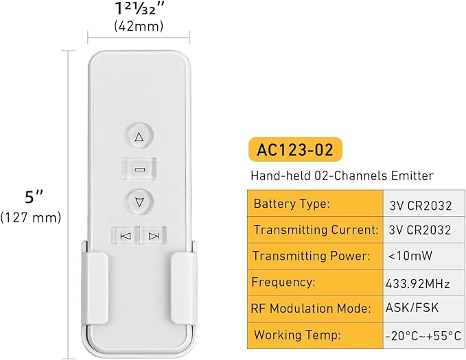 AC123-02 2 Channel Controller, RF433.92 Transmitter, Motorized Roller Shade Accessories for Motorized Blinds & Shades - White