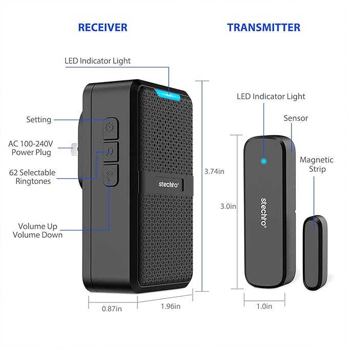 Stechro Door Chime, Wireless Door Alarm Sensor with 600ft Range, 62 Chimes 5 Adjustable Volumes for Business/Home/Office/Stores (2 Sensors+2 Receivers)
