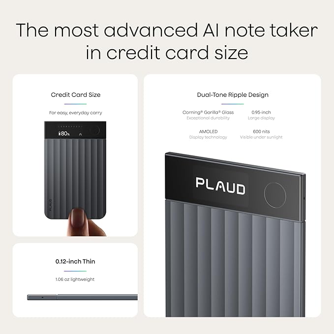 Plaud Note Pro AI Voice Recorder, Transcribe & Summarize with AI, App Control, Note Taker for Meetings & Calls, Supports 112 Languages, Ultra-Slim w/InstantView Display, Case Included, Black