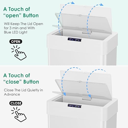 Arlopu Automatic Trash Can,Sensor Motion Stainless Steel Garbage Bin, Touchless Smart Waste Bin, W/Stay-Open, Soft Close Lid, Display Light for Kithchen, Living Room, Office (White, 18.5gal)