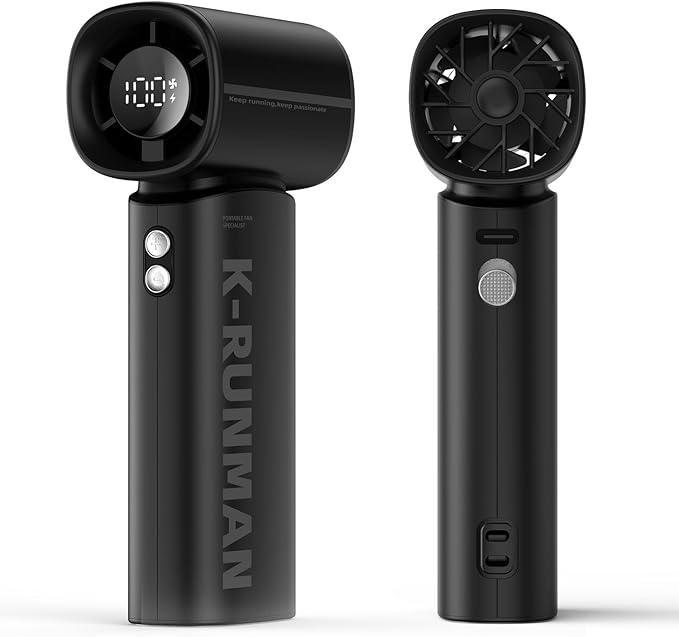 K-RUNMAN Portable Handheld Turbo Fan, 5 Gear Wind, Battery Operated, Up to 12 Working Hours, LED Display with Air Turbo Tech Cooling Fan for Outdoor Activities, Travel, Beach (Black)