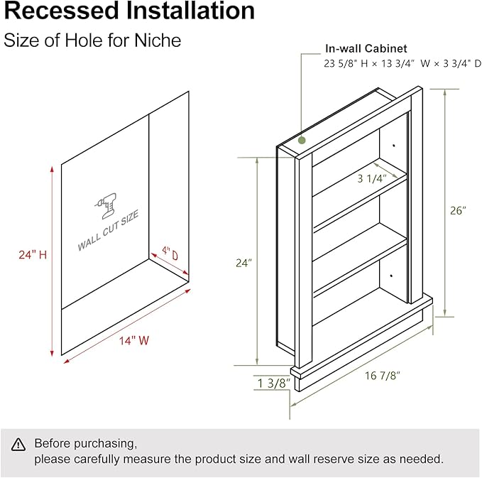 Recessed Medicine Cabinet,14x24 in Wall Bathroom Cabinet with Storage,Bathroom Niche for Shower Wall for Bedroom/Hallway,Black Shower Wall Niche Insert for Drywall,MDF