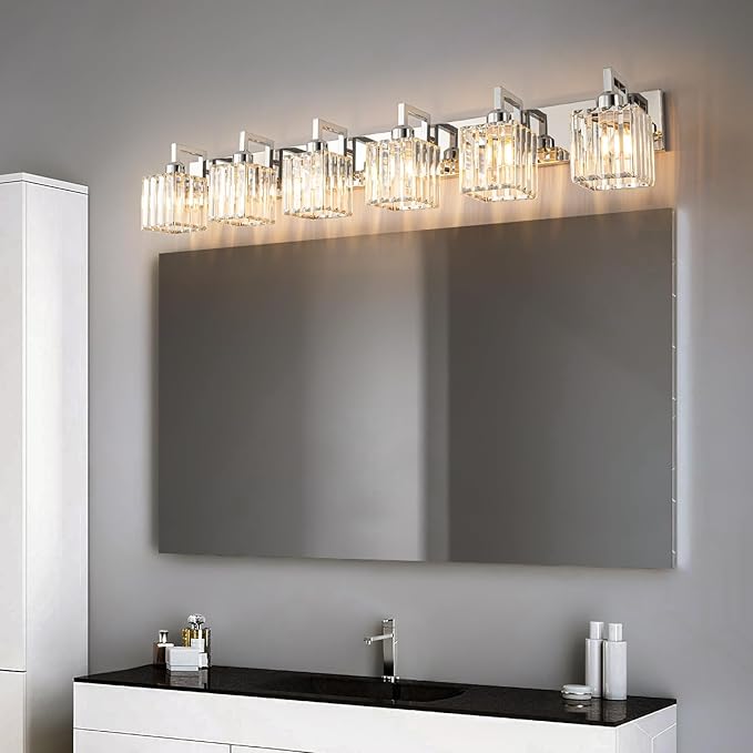 FDPBY Modern Bathroom Vanity Light 6-Lights Chrome Crystal Wall Lamp Bathroom Modern Crystal Vanity Lighting