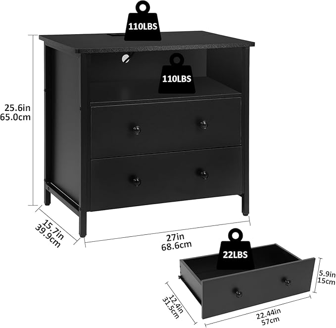 Tykacna 27 Inch Wide Night Stand, Large Wood Night Stand Set 2 with 2 Drawers, LED Nightstand with Charging Station and Adjustable Drawer, Bedside Table for Living Room/Bedroom/Study/Office, Black.