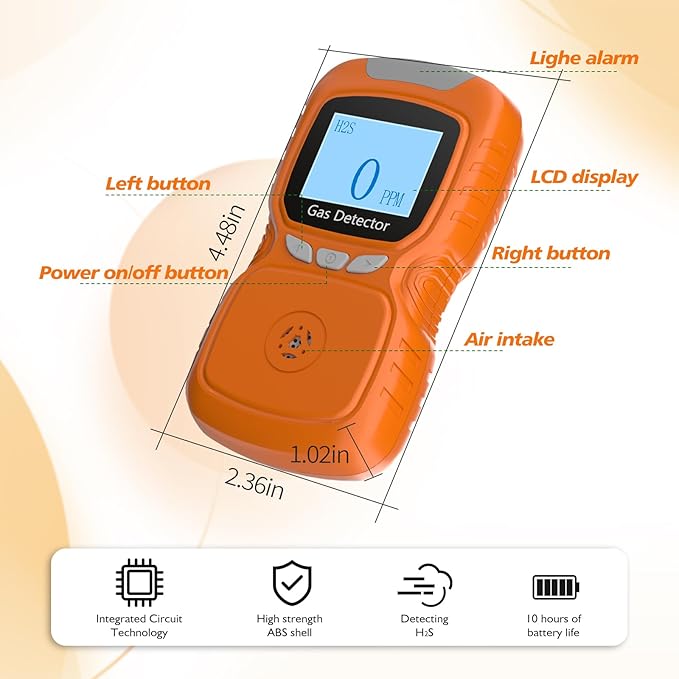 XLA Alert Clip Single Gas H2S Monitor, H2S Monitor Digital H2S Monitor, Clip-on 0~100ppm H2S Gas Detector with Voice, Vibration, Red Indicator Alarms,for Various Working environments