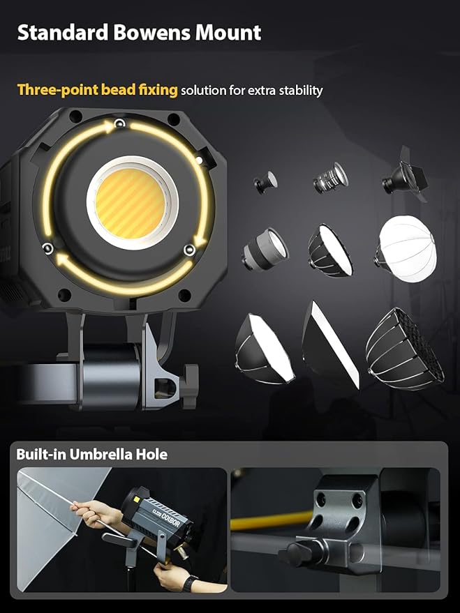 Video Light, COLBOR CL220M 220W Continuous Lighting 2700-6500K CRI96+ 58,100Lux at 3.3ft COB Studio Light with Bowens Mount APP for Film Live, Video-Light-Studio-LED-Photography