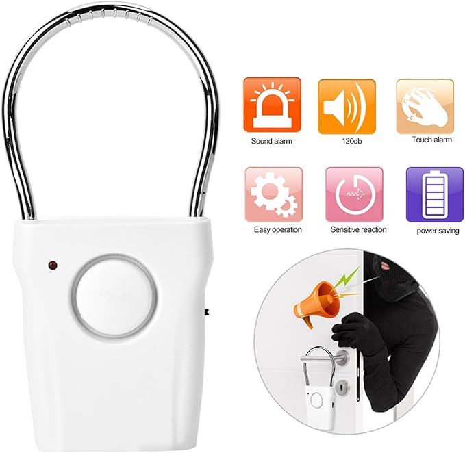 BORDSTRACT Door Handle Alarm, 120dB Vibration and Touching Triggered Portable Door and Window Alarm, for Traveling, Hotel, Apartment, Home Security