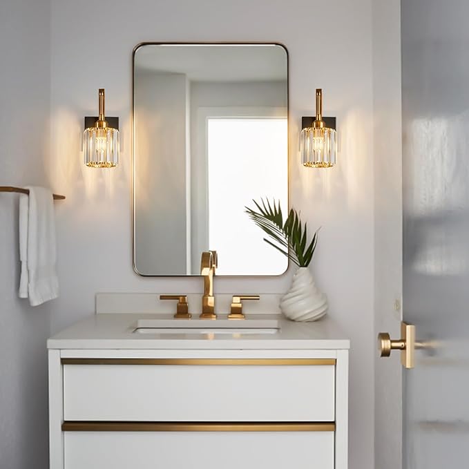FDPBY Wall Sconces, Set of 2 Black Gold Crystal Vanity Lights, Modern Wall Lamp for Bathroom, Hallway, and Makeup, Easy Installation