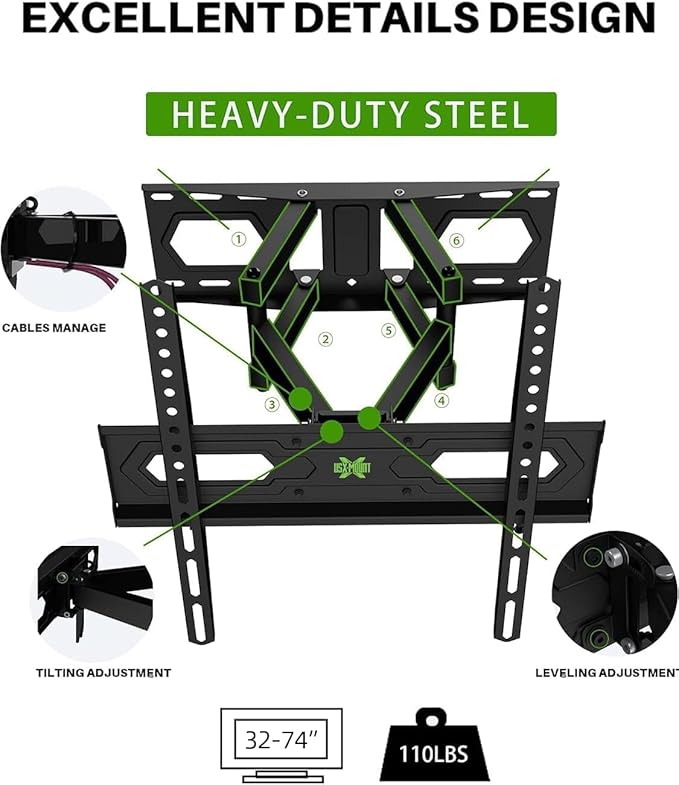 USX MOUNT TV Wall Mount for 32-74 inch Flat Screen/LED/4K up to 110lbs, Full Motion TV Mount Bracket with Swivel & Tilt Articulating Dual Arms, Max VESA 400x400mm, Fits 12/16" Wood Studs