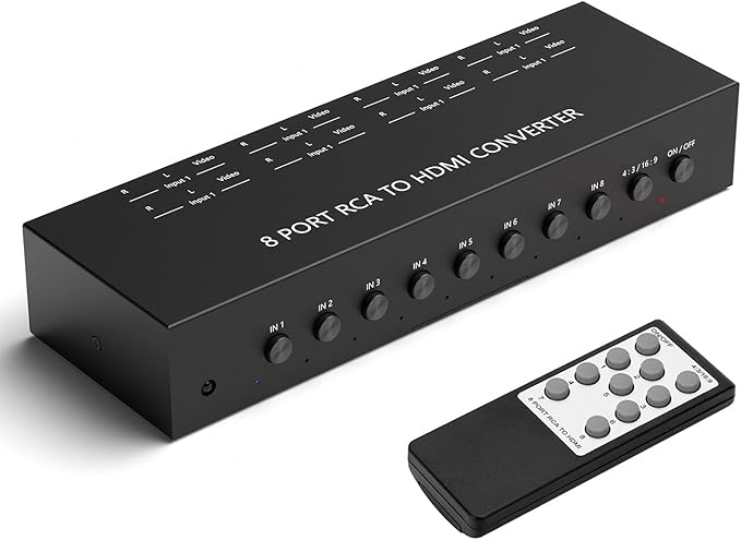 Dingsun 8Port AV to HDMI Converter, Will Convert Input Analog Aignals to a Digital Output Signal, Built-in 16:9/4:3 Adjustment, Perfect for Old Video Game Systems,PS,WII,Xbox,DVD,VHS(with Remote)