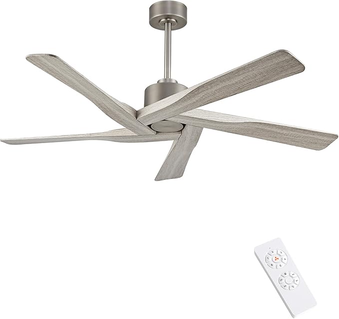 WINGBO 54" ABS DC Ceiling Fan No Light, 5 Blade Wood Grain ABS Ceiling Fan with Remote, 6-Speed Reversible DC Motor, Ceiling Fans without Light for Kitchen Bedroom Living Room, Antique Nickel and Grey