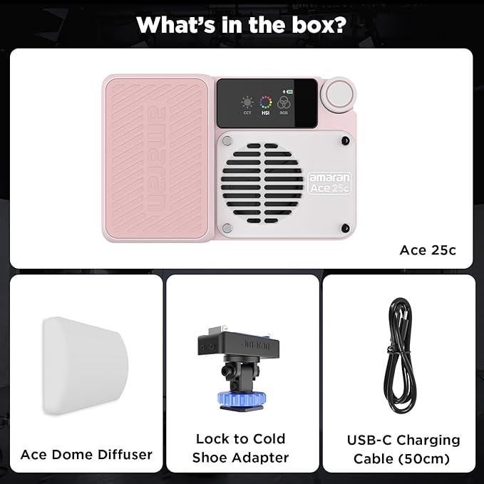 Amaran Ace 25c Pocket RGBWW LED Light, Boost Mode Up to 32W, Full-Color Mini Video Light (2,300-10,000K), 1,171 Lux@1m at 5,600K, 4500mAh Battery with PD Fast Charging for Mobile Creators (Pink)
