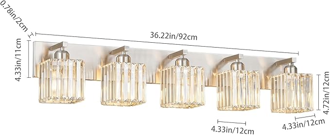 FDPBY Modern Vanity Light 5-Lights Brushed Nickel Vanity Light Crystal Bathroom Wall Light Bathroom Light Fixtures