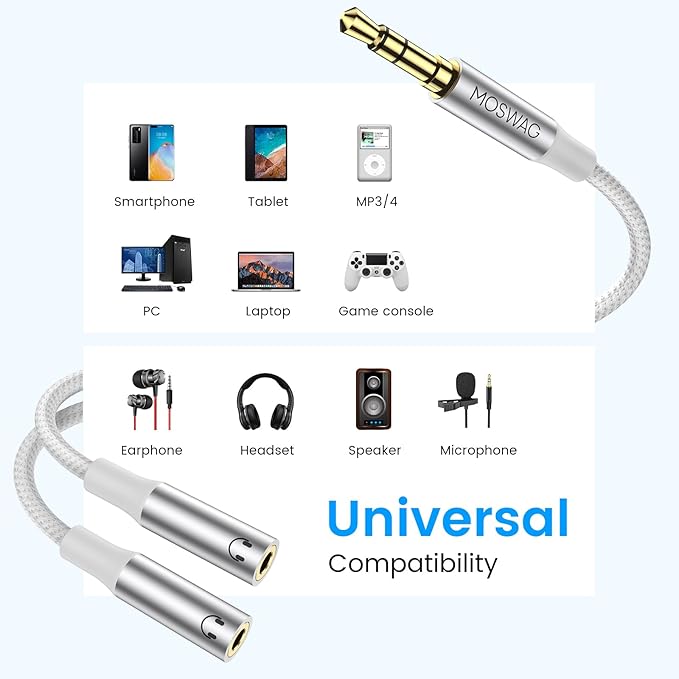 MOSWAG 3.5mm Audio Splitter - 2 Way Stereo Y Cable for iPhone, Samsung, PS4, Switch, Tablets, PC, Laptop, MP3