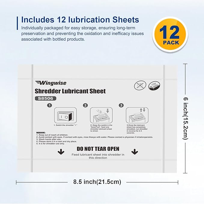 Wingwise 12-Pack Shredder Lubricant Sheets, 8.5 x 6 Inches, Sharpens Blades & Reduces Jams, Mess-Free Maintenance for All Shredders