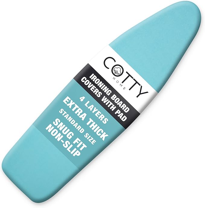 COTTY HOME Extra Thick Ironing Board Covers with Pad Standard Size 15x54, Heat Reflective Full Scorch Resistant Padding, Snug Fit Non-Slip Nose Pocket Fastener Straps Elastic Edges, Turquoise