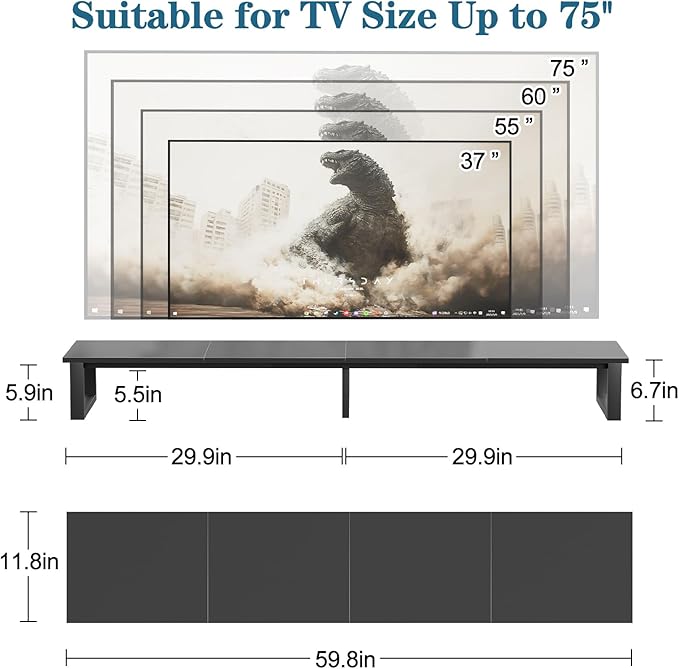 aboxoo 59" Large TV Riser Stand for 32-75 Inch TV, TV Shelf with Steel Legs, Tabletop TV Riser for Home Living Room, Study Office (Black)